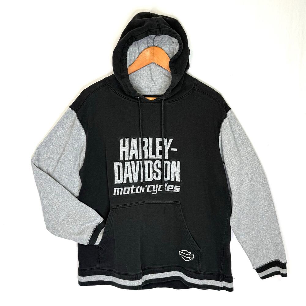 Harley Davidson Hoodie M Medium Black Gray Embroidered Eagle Distressed Worn